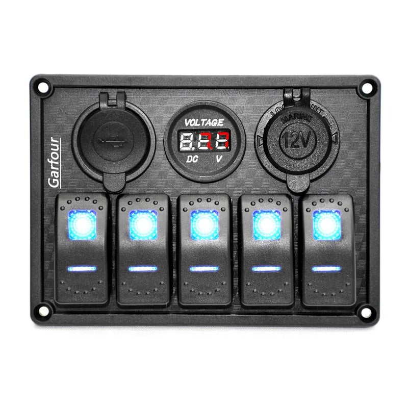 Garfour 5 Gang Boat Switch Panel Waterproof Rubber Panel Dual 3.1A USB 12V Slot Socket LED Light Voltmeter Rocker Switch Panel for Car Boat Truck - Image 1
